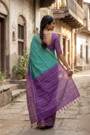 Teal Green Semi Tussar Saree with Chevron Border 10078217