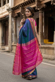 Peacock Blue Kanjivaram Pure Silk Saree with Vanki Border 10077899