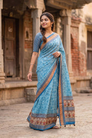 Sky Blue Printed Semi Tussar Silk Saree 10077223