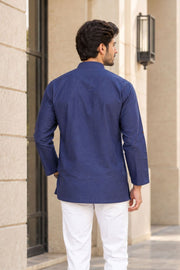 Blue Full Sleeve Slub Cotton Shirt Length Men's Kurta 10077838