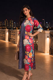 Dusty Purple Printed Vegan Charmeuse Silk Dress 10077268 