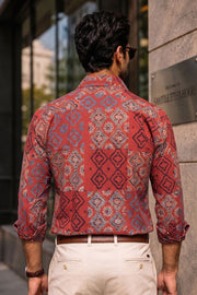 Red Full Sleeve Ajrakh Printed Cotton Mens Shirt 10073164