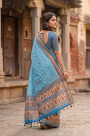 Sky Blue Printed Semi Tussar Silk Saree 10077223