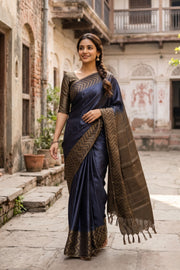 Navy Blue Semi Tussar Saree with Chevron Border 10078218