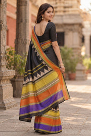 Black Kanjivaram Pure Silk Saree With Temple Mega Border 10077911