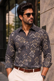 Grey Full Sleeve Ajrakh Printed Cotton Mens Shirt 10073166