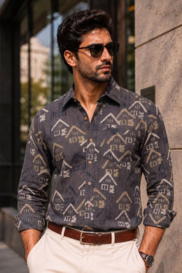 Grey Full Sleeve Ajrakh Printed Cotton Mens Shirt 10073166