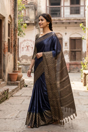 Navy Blue Semi Tussar Saree with Chevron Border 10078218