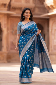 Steel Blue Handloom Banarasi Chiniya Silk Saree 10063228