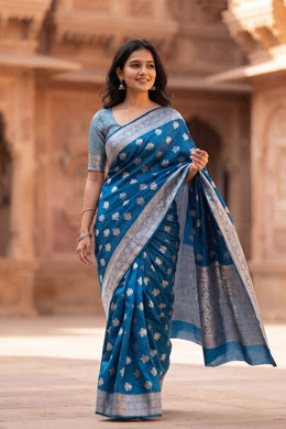 Steel Blue Handloom Banarasi Chiniya Silk Saree 10063228