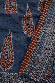 Nightfall Blue Ajrakh Printed Mulmul Cotton Saree With Floral Border 10076530