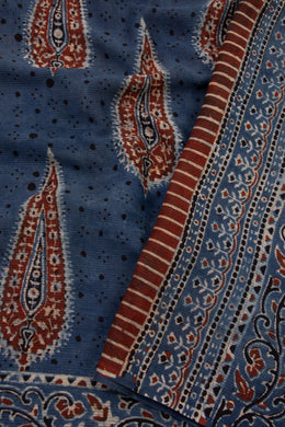 Nightfall Blue Ajrakh Printed Mulmul Cotton Saree With Floral Border 10076530