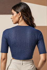 Blue Handcrafted Slub Cotton Solid Style Blouse 10073399