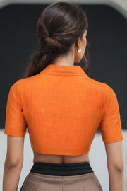 Orange Handcrafted Slub Cotton Solid Style Blouse 10073198