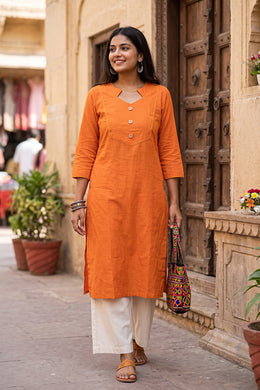 Orange Handcrafted Solid Style Cotton Kurta 10077438