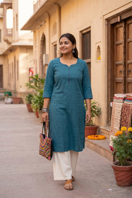 Blue Handcrafted Solid Style Cotton Kurta 10077440