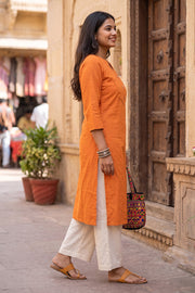 Orange Handcrafted Solid Style Cotton Kurta 10077438