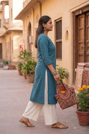 Blue Handcrafted Solid Style Cotton Kurta 10077440