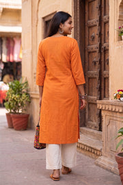 Orange Handcrafted Solid Style Cotton Kurta 10077438