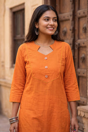 Orange Handcrafted Solid Style Cotton Kurta 10077438