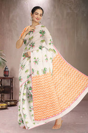 White Printed Chanderi Saree 10064679
