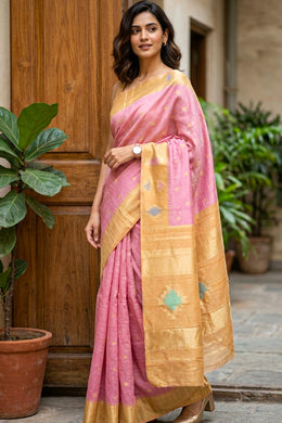 Kanjivaram Pink Vegan Silk Saree With Jute Style Finish 10075595