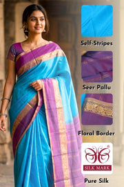 Anandha Blue Kanjivaram Pure Silk Saree With Kodimalar Border 10077892