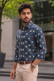 Blue Full Sleeve Ajrakh Printed Cotton Mens Shirt 10076857