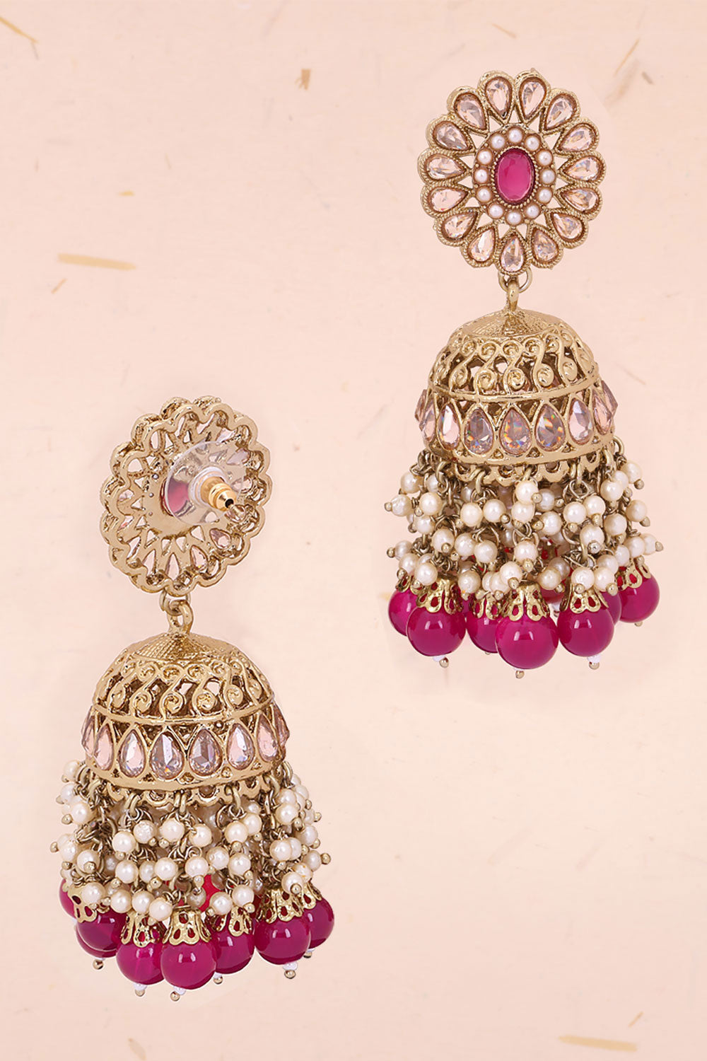 Handcrafted Pink Stones Cluster Beads Drop Jhumka Earrings 10069656