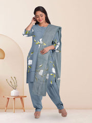 Grey Hand Painted 3-Piece Salwar Suit Material 10076019
