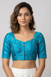 Cyan Blue Aari Embroidered Raw Silk Blouse 10066510