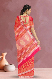 Orange Hand Block Printed Linen Saree 10064445