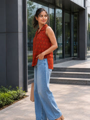 Red Ajrakh Printed Women Sleeveless Shirt 10077187