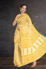 Yellow Sanganeri Printed Silk Cotton Saree 10075712