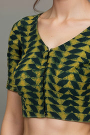 Green Geometric Design Indigo Hand Block Print Cotton Blouse 10074589