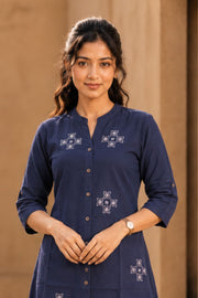 Blue Hand Embroidered Cotton Kurta 10077669