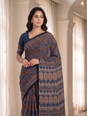 Graphite Blue Ajrakh Printed Mulmul Cotton Saree With Floral Motifs and Paisley Border 10076521