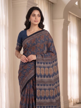 Graphite Blue Ajrakh Printed Mulmul Cotton Saree With Floral Motifs and Paisley Border 10076521