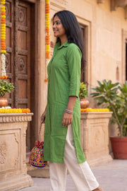 Green Handcrafted Solid Style Oxford Cotton Kurta 10077443