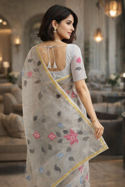 Grey Hand Painted Organza Saree 10066787
