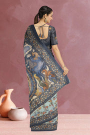 Blue Kalamkari Printed Malai Cotton Saree 10074690