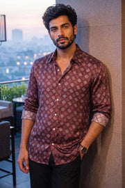 Brown Full Sleeve Vanaspathi Print Modal Silk Mens Shirt 10077510
