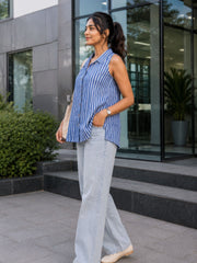 Blue Indigo Striped Hand Block Printed Women Sleevless Shirt 10077192