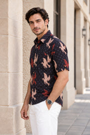 Black Half Sleeve Ajrakh Printed Cotton Mens Shirt 10076822