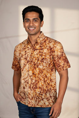 Yellow Half Sleeve Batik Printed Cotton Mens Shirt 10076354