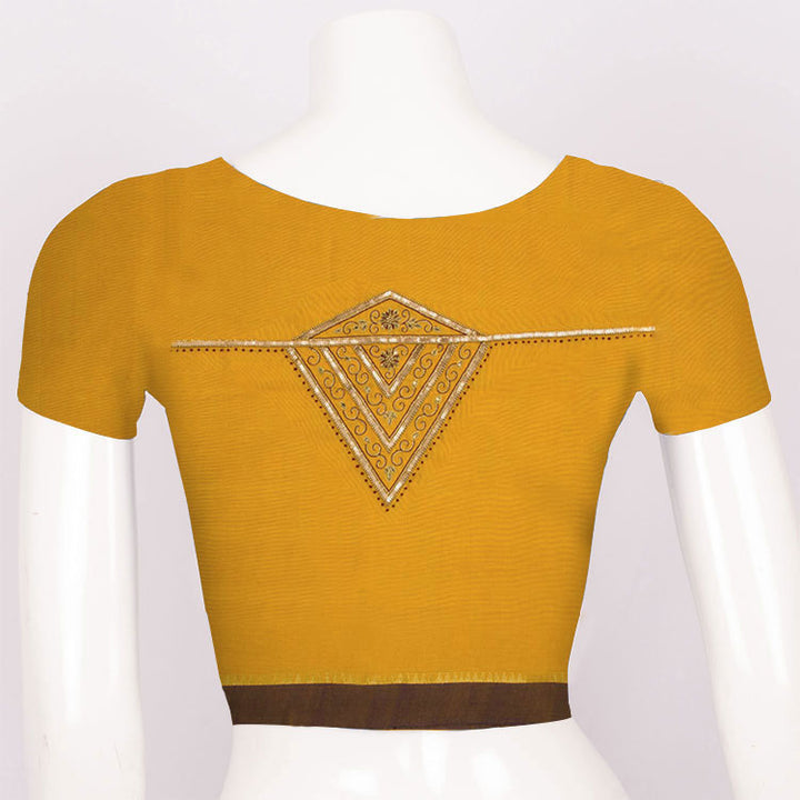 Golden Yellow Aari Embroidered Mangalgiri Cotton Blouse Material 10062422