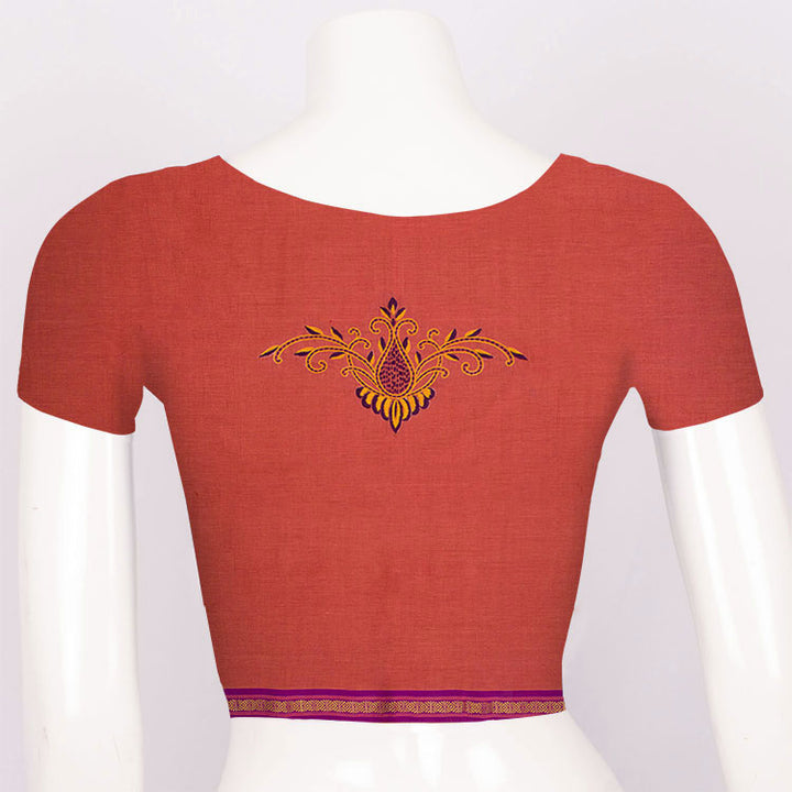 Orangey Red Aari Embroidered Mangalgiri Cotton Blouse Material 10062424