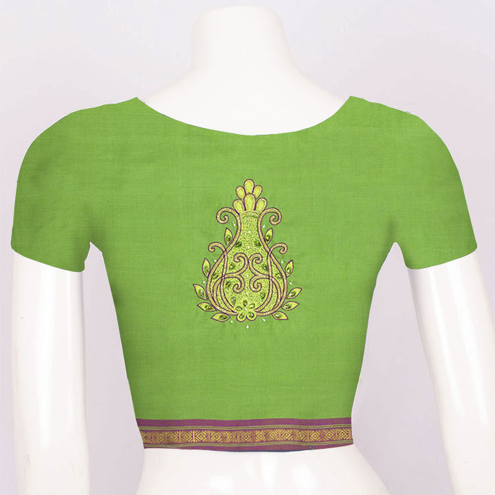 Leaf Green Aari Embroidered Mangalgiri Cotton Blouse Material 10062426