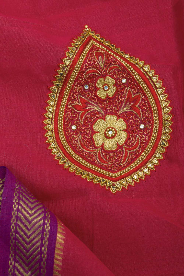 Maroon Aari Embroidered Mangalgiri Cotton Blouse Material 10062434
