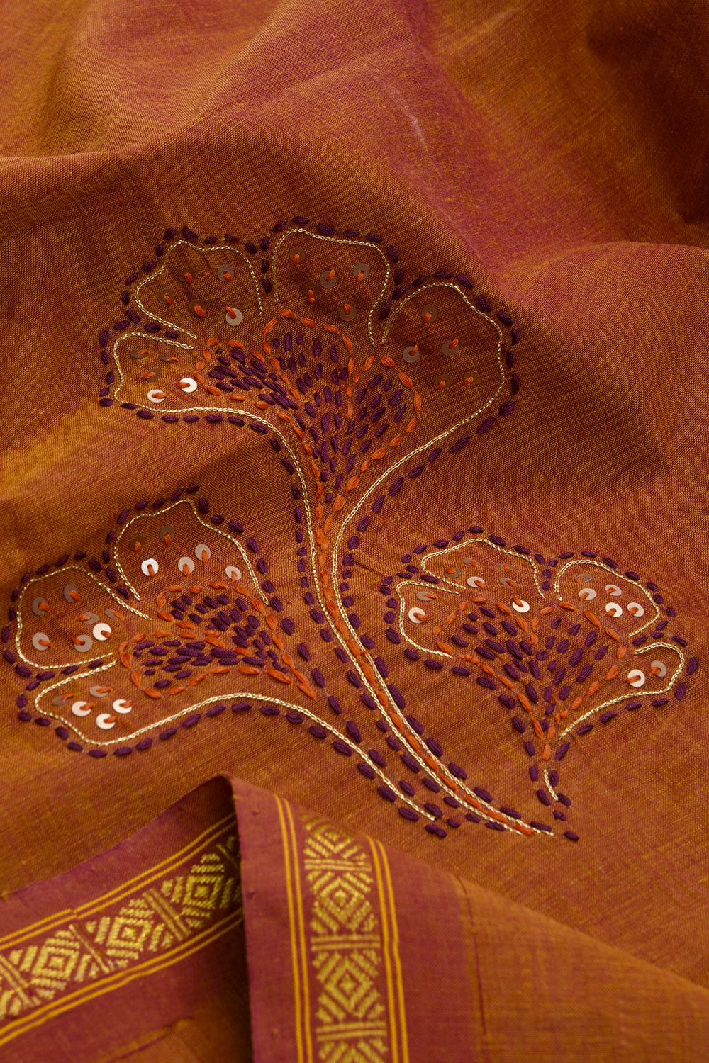 Cognac Brown Aari Embroidered Mangalgiri Cotton Blouse Material 10062441